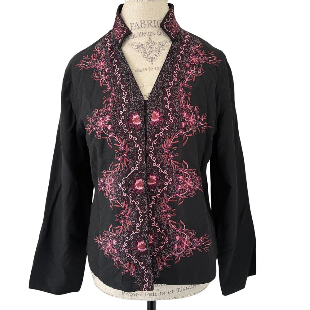 Units Vintage Silk Black Purple Plum Embroidered Flowers Lined Blazer Large (P)
